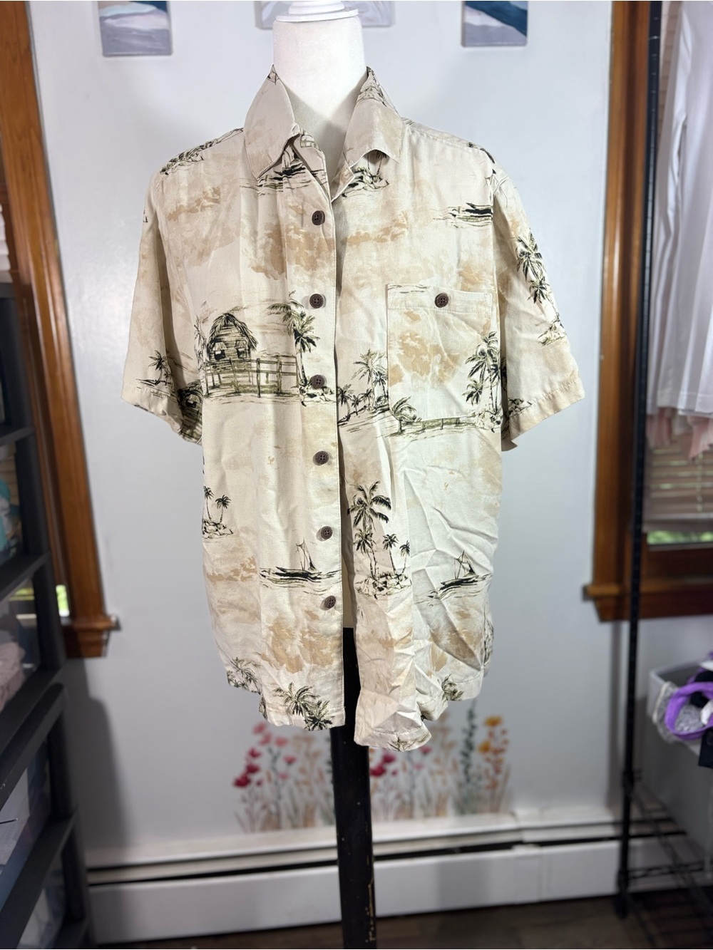 Caribbean Joe Tan & Black Tropical Short-Sleeve Shirt 100% silk